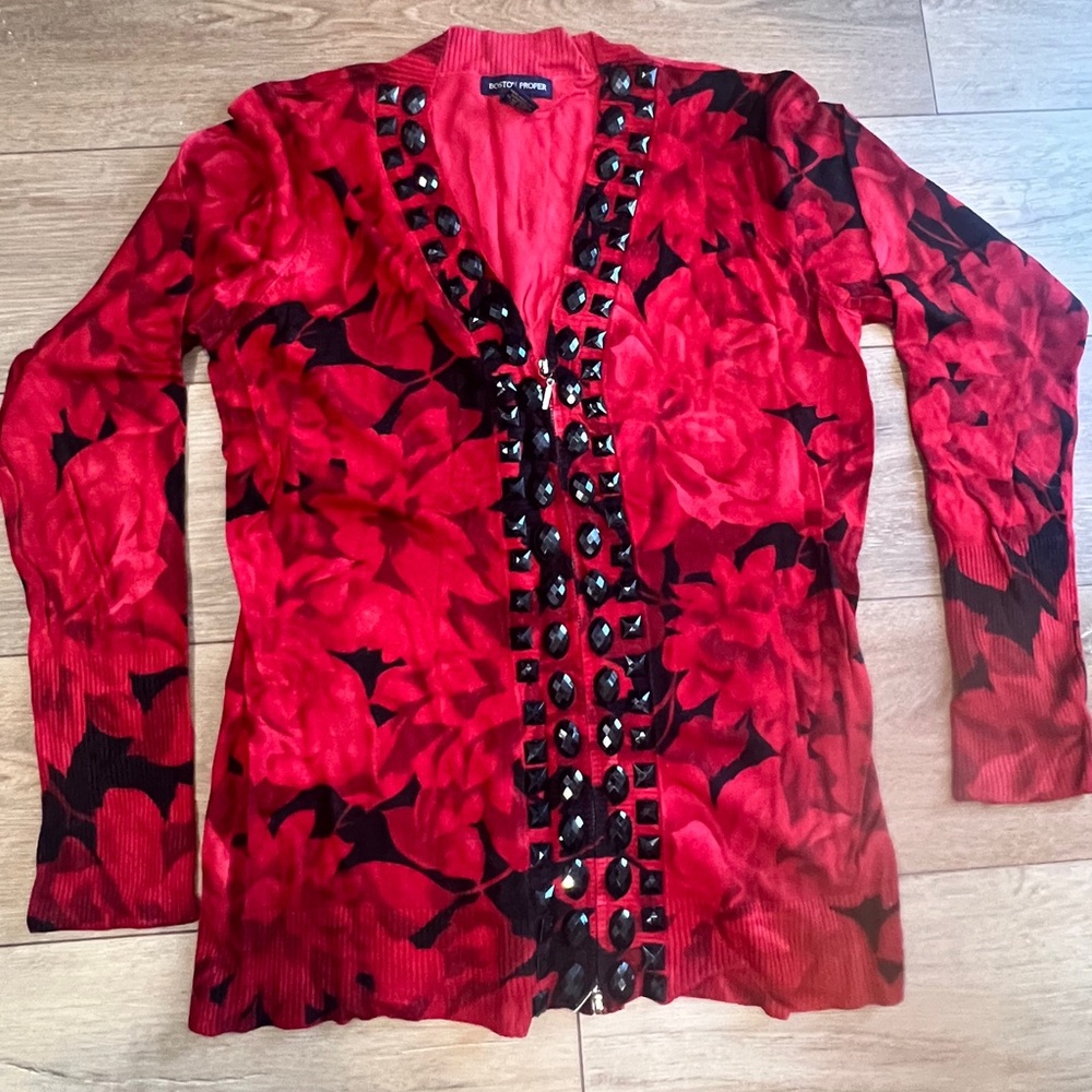 Boston Proper large Red and Black Floral sweater